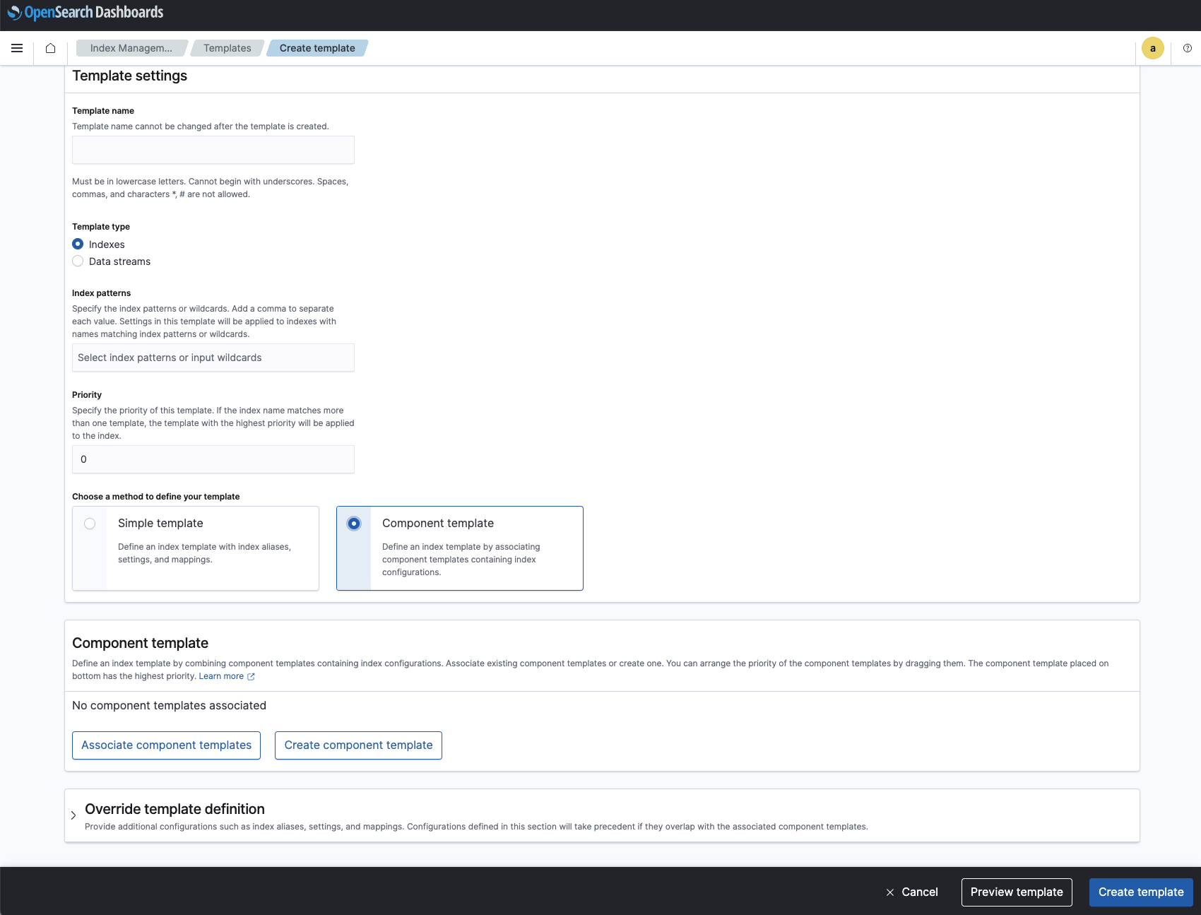 Component-based template creation experience