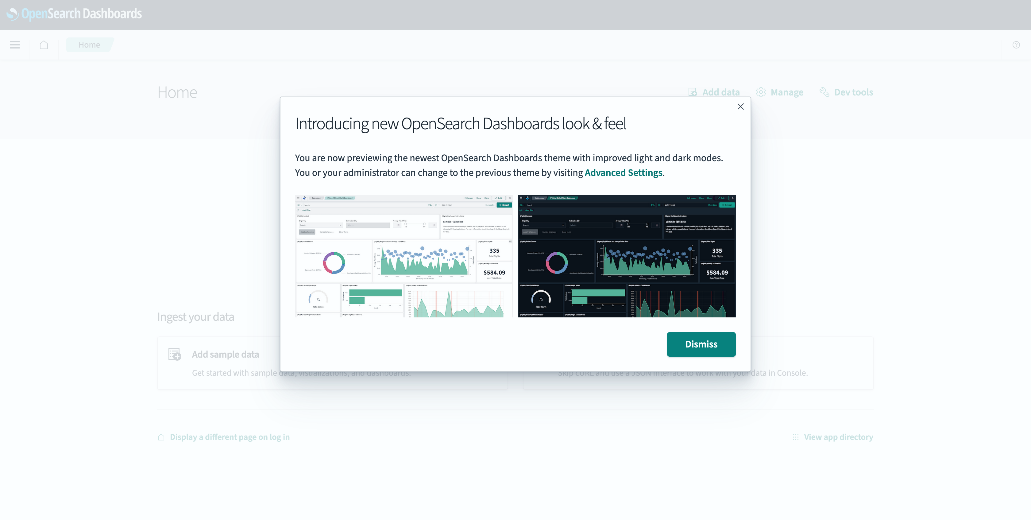 Image: Preview of a new visual theme for OpenSearch Dashboards with side-by-side view of light and dark mode screens